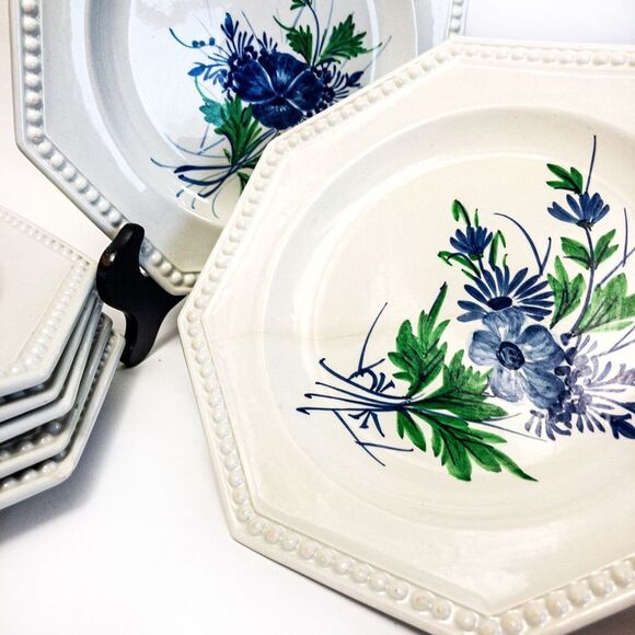 VTG Gialletti Pimpinelli Earthenware Plates Blue Floral Italy Set of 8 - Picture 8 of 12